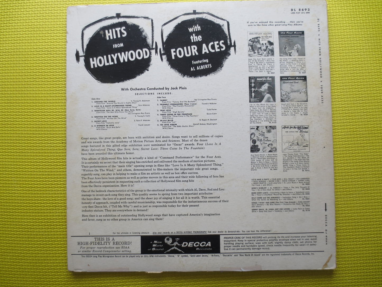 The FOUR ACES, HITS from Hollywood, Al Alberts, The Four Aces Record, The Four Aces Album, The Four Aces Lp, Vinyl Record, Lps, 1958 Records