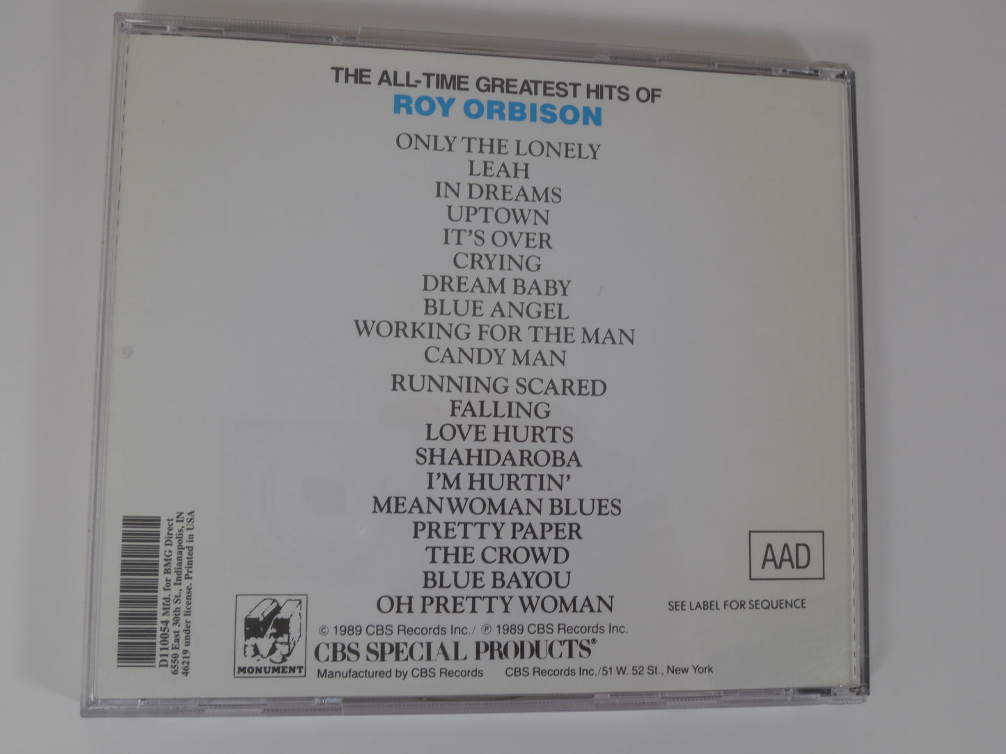 ROY ORBISON, All-Time GREATEST Hits, Pop Cd, Roy Orbison Cd, Roy Orbison Songs, Roy Orbison Album, Roy Orbison Lp, Cds, 1989 Compact Disc