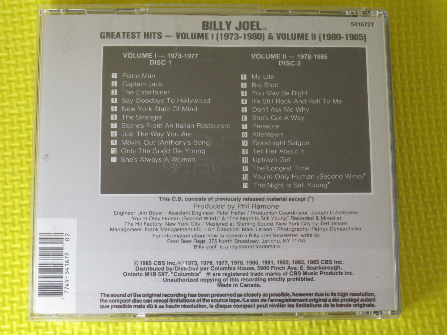 BILLY JOEL, GREATEST Hits, Billy Joel Cd, Billy Joel Lp, Music Cd, Rock Music Cd, Pop Cd, Rock, Pop Music, 1985 Compact Disc