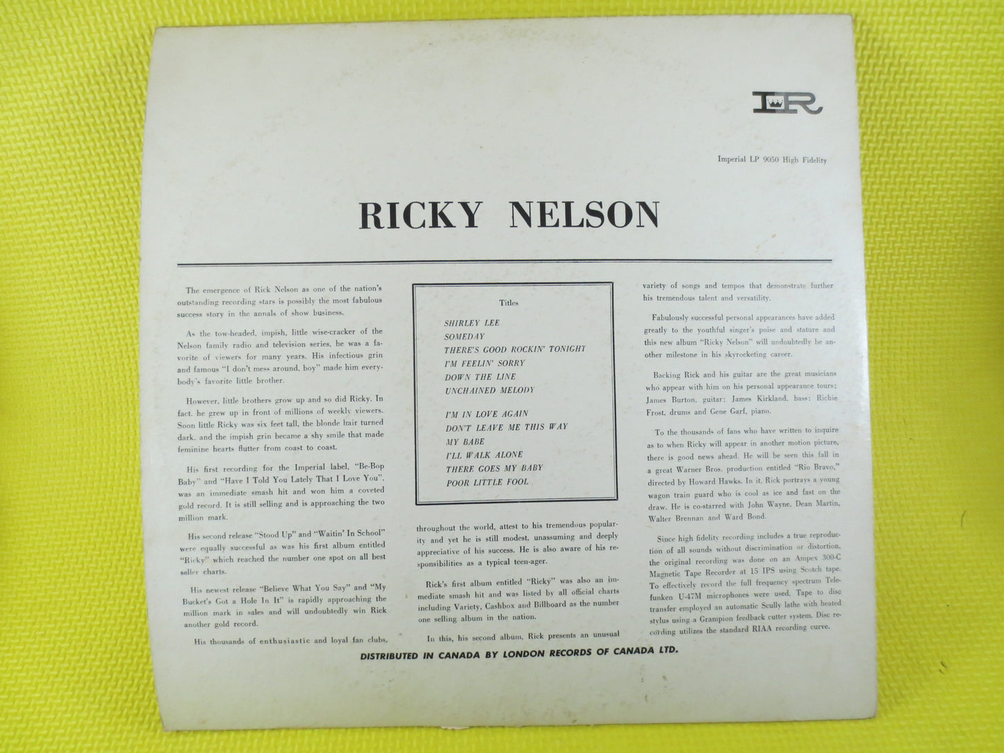 RICKY NELSON, Ricky NELSON Record, Ricky Nelson Album, Ricky Nelson Lp, Ricky Nelson Hits, Ricky Nelson Songs, 50s Music Album, 1958 Records