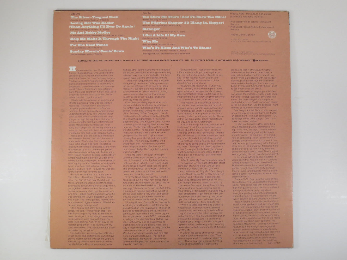 KRIS KRISTOFFERSON, Songs of Kristofferson, Bobby McGee, Kristofferson Album, Kristofferson Record, Country Records, Folk Lp, 1977 Records