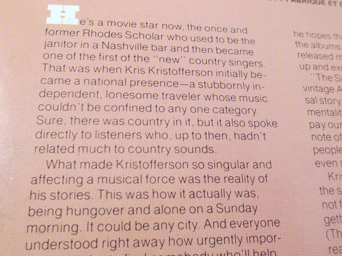 KRIS KRISTOFFERSON, Songs of Kristofferson, Bobby McGee, Kristofferson Album, Kristofferson Record, Country Records, Folk Lp, 1977 Records