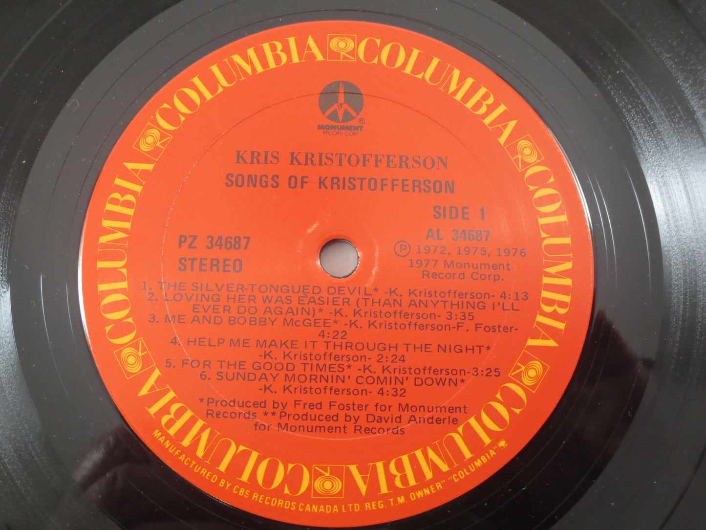 KRIS KRISTOFFERSON, Songs of Kristofferson, Bobby McGee, Kristofferson Album, Kristofferson Record, Country Records, Folk Lp, 1977 Records