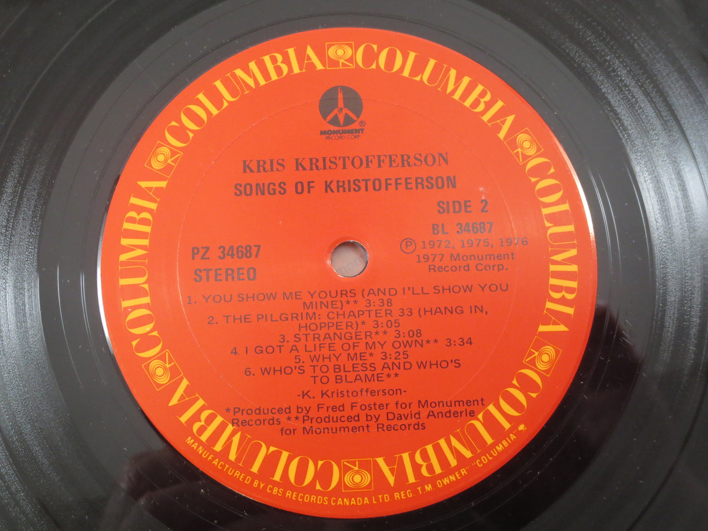 KRIS KRISTOFFERSON, Songs of Kristofferson, Bobby McGee, Kristofferson Album, Kristofferson Record, Country Records, Folk Lp, 1977 Records