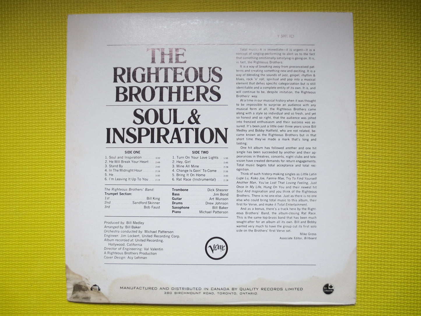 The RIGHTEOUS BROTHERS, SOUL and Inspiration, Pop Music Record, Pop Music Album, 60s Music, 60s Record, Lps, 1966 Records