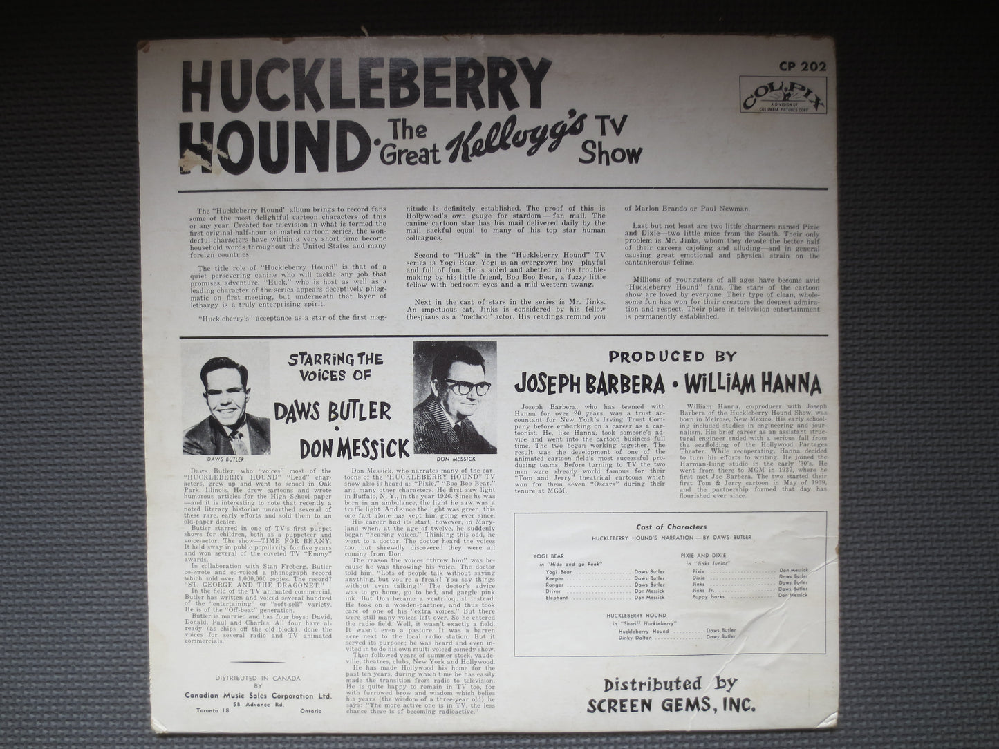 HUCKLEBERRY HOUND, Hanna-Barbera Record, KELLOGG'S Tv Show, Childrens Record, Kids Record, Childrens Albums, 1959 Records