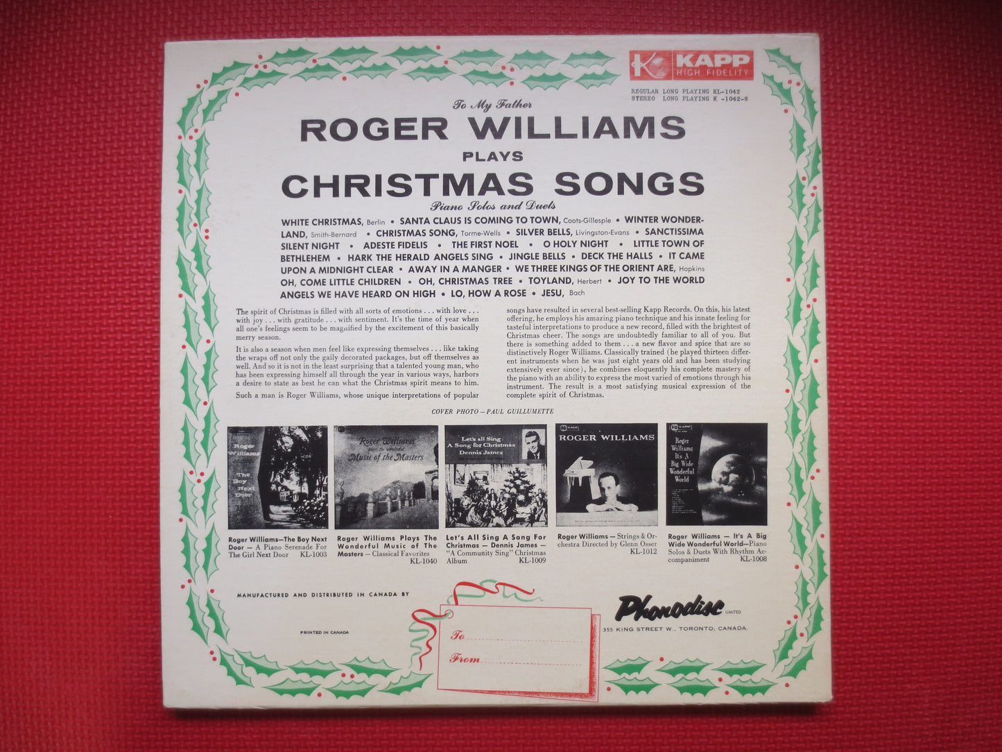 ROGER WILLIAMS, CHRISTMAS Songs, Roger Williams Album, Christmas Record, Roger Williams Lp, Christmas Album, 1956 Records