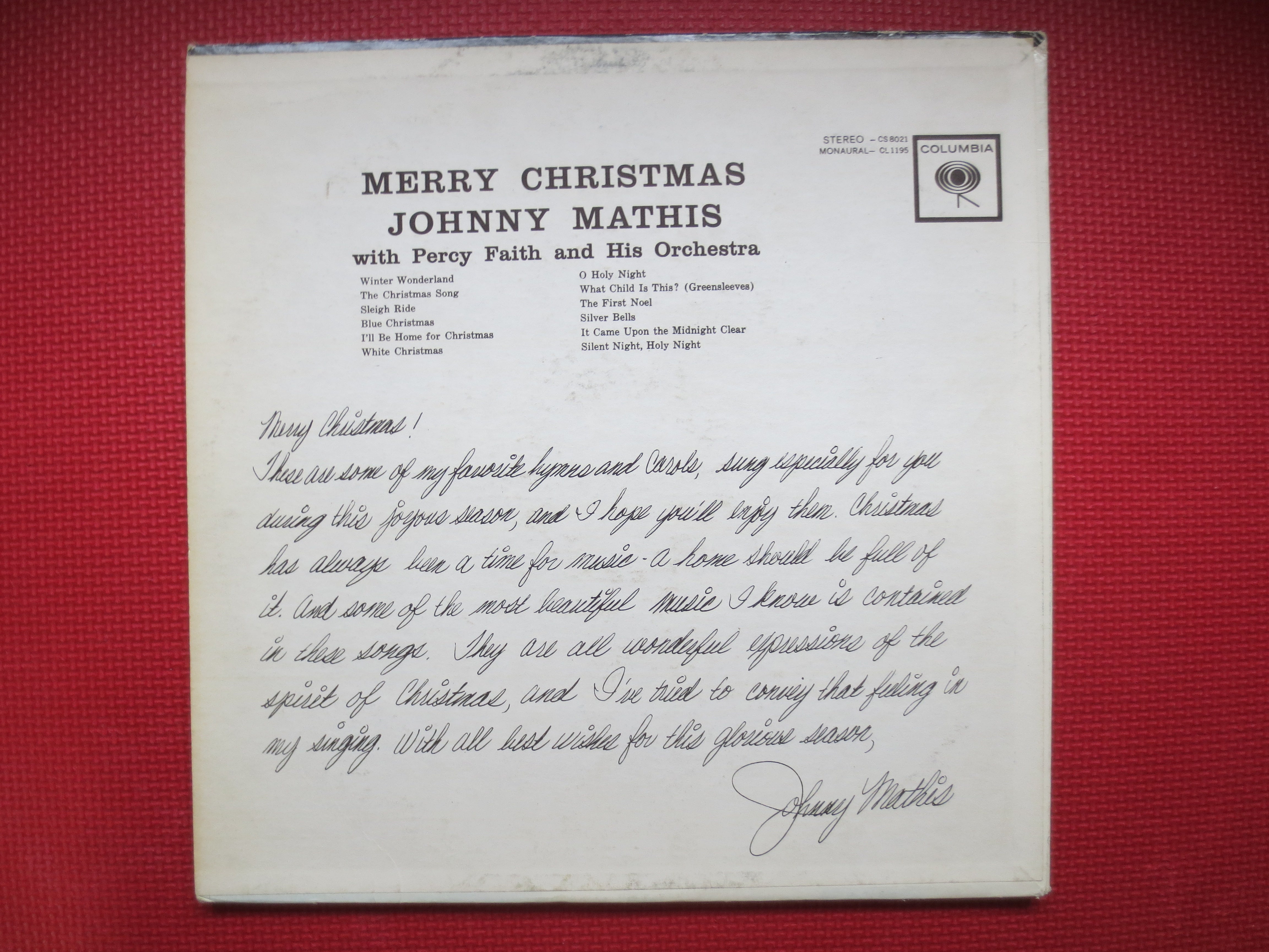 JOHNNY MATHIS, Merry CHRISTMAS, Johnny Mathis Record, Christmas Record,  Johnny Mathis Album, Christmas Album, 1967 Records