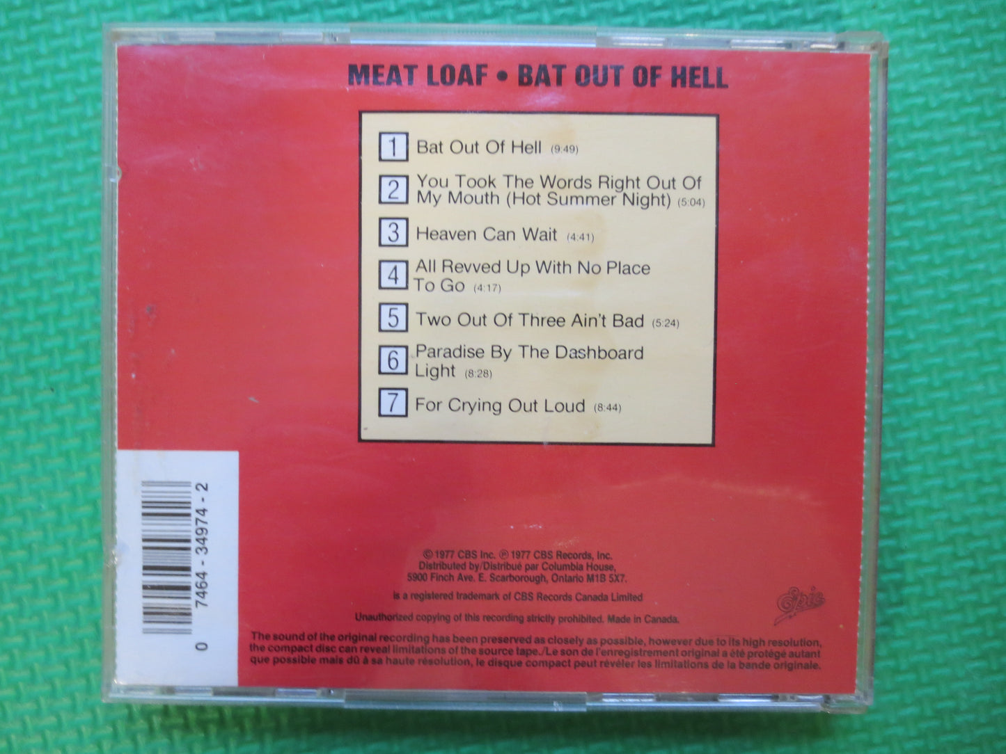 MEAT LOAF Cd, BAT Out of Hell, Meat Loaf Album, Meat Loaf Music, Meat Loaf Song, Vintage Compact Disc, Rock Cd, Compact Discs