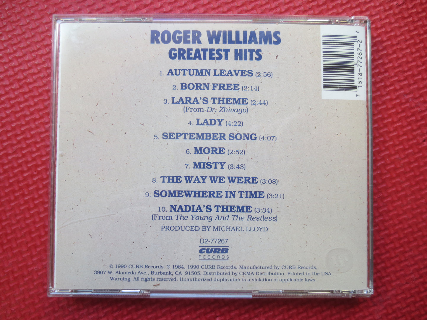 ROGER WILLIAMS, GREATEST Hits, Roger Williams Album, Roger Williams Cd, Piano Cd, Piano Music Cd, Piano Lp, 1990 Compact Disc