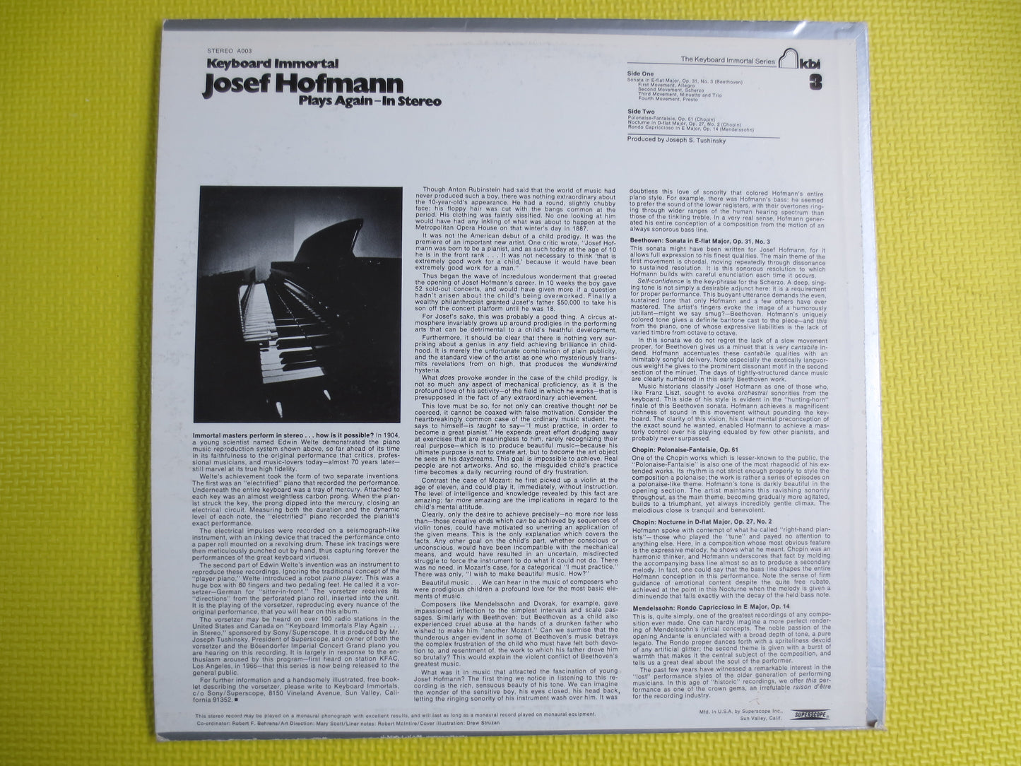 JOSEF HOFMANN, Plays Again - In STEREO, Keyboard Immortal, Classical Record, Classical Album, Classical Music Lp, Beethoven Record, Vinyl Lp