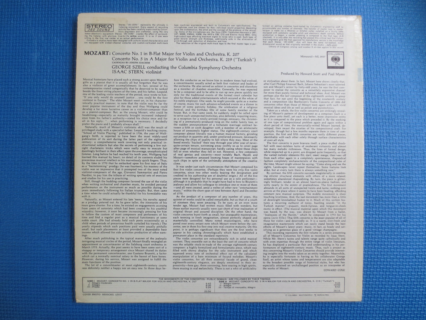 MOZART, Wolfgang Amadeus Mozart, Isaac Stern, George Szell, Columbia Symphony Orchestra, MOZART Record, MOZART Album, Classical, 1964 Record