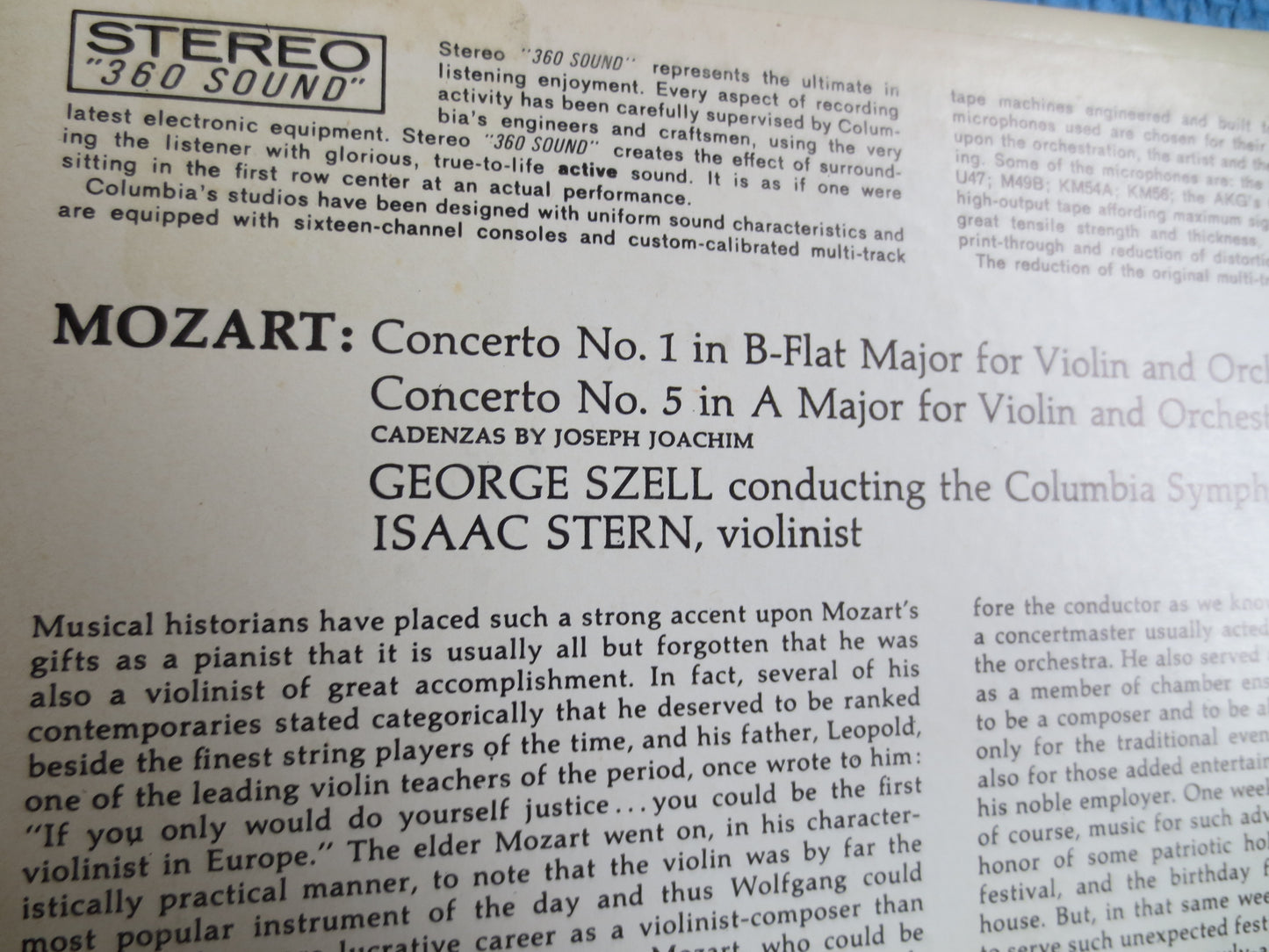 MOZART, Wolfgang Amadeus Mozart, Isaac Stern, George Szell, Columbia Symphony Orchestra, MOZART Record, MOZART Album, Classical, 1964 Record