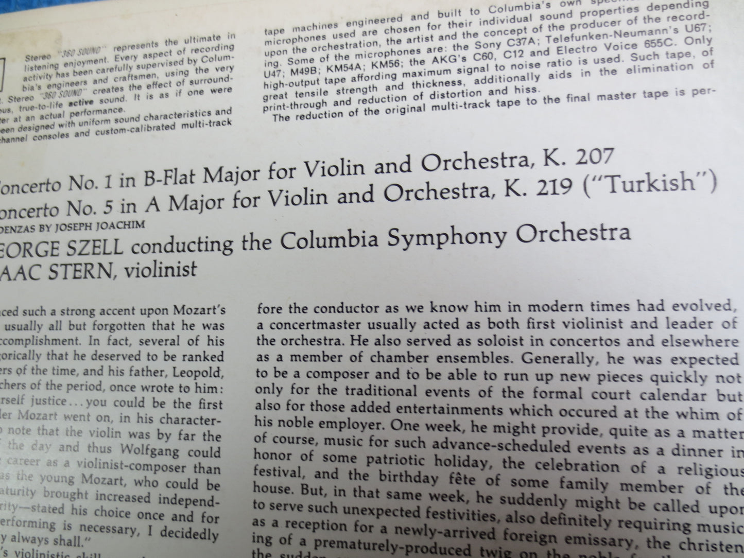 MOZART, Wolfgang Amadeus Mozart, Isaac Stern, George Szell, Columbia Symphony Orchestra, MOZART Record, MOZART Album, Classical, 1964 Record