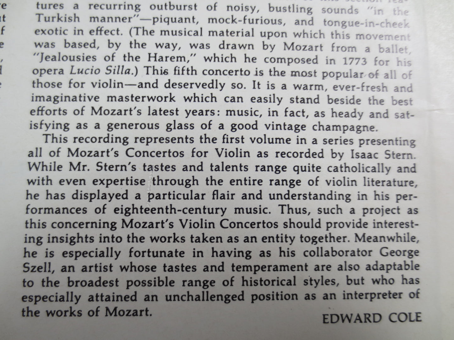 MOZART, Wolfgang Amadeus Mozart, Isaac Stern, George Szell, Columbia Symphony Orchestra, MOZART Record, MOZART Album, Classical, 1964 Record