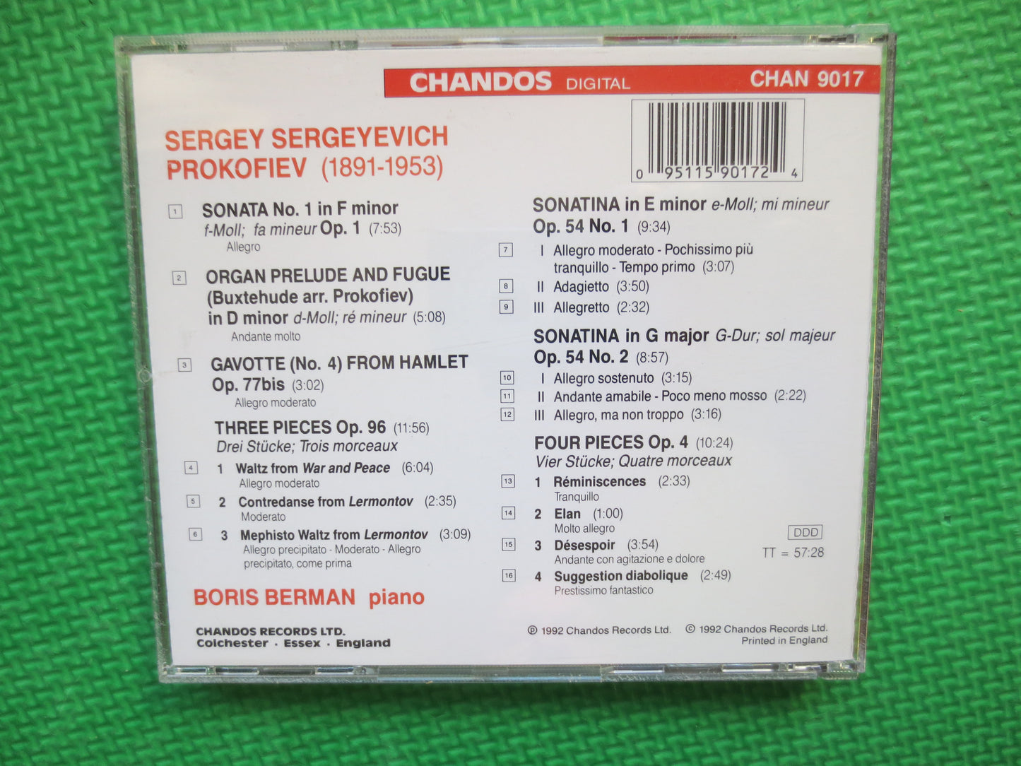 PROKOFIEV, PIANO MUSIC, Classical Music Cd, Classical Piano Cd, Prokofiev Cd, Prokofiev Music Cd, Boris Berman Cd, 1992 Compact Disc