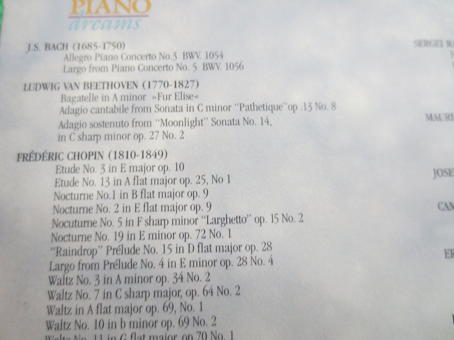 PIANO DREAMS, CLASSICAL Music Cd, Classical Piano Cd, Tchaikovsky Cd, Rachmaninov Cd, Chopin Cd, Mozart Cd, 1995 Compact Disc