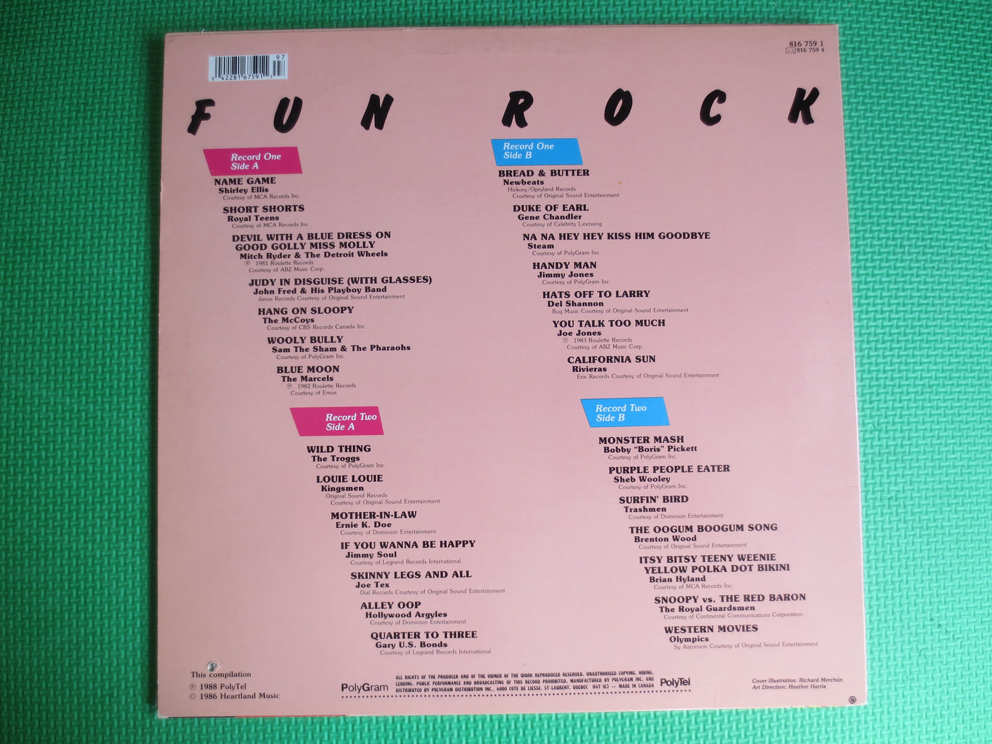 FUN ROCK, FUN Rock Records, Double Albums, Royal Teens Record, The McCoys Record, The Troggs Record, Joe Jones Record, Vinyl Lp, 1988 Record