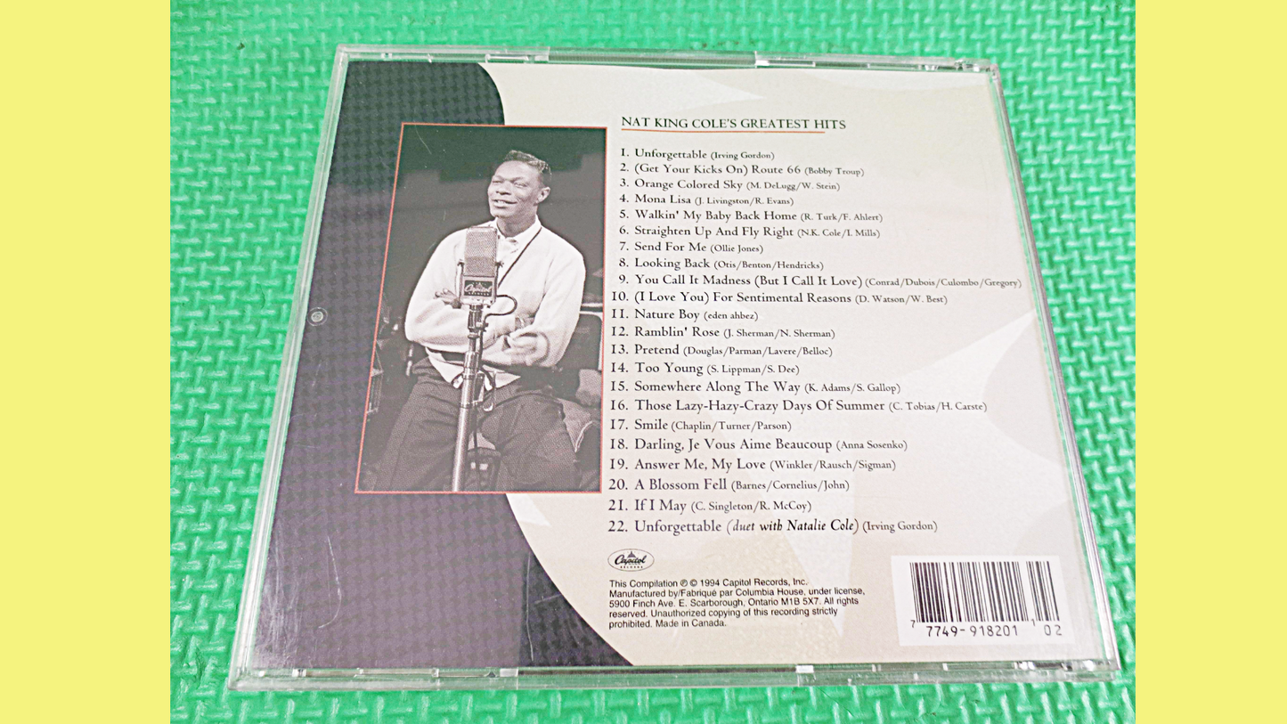 NAT KING COLE, Greatest Hits, Unforgettable, Nat King Cole Cd, Nat King Cole Music, Nat King Cole Songs, Vintage Cd's, 1994 Compact Discs