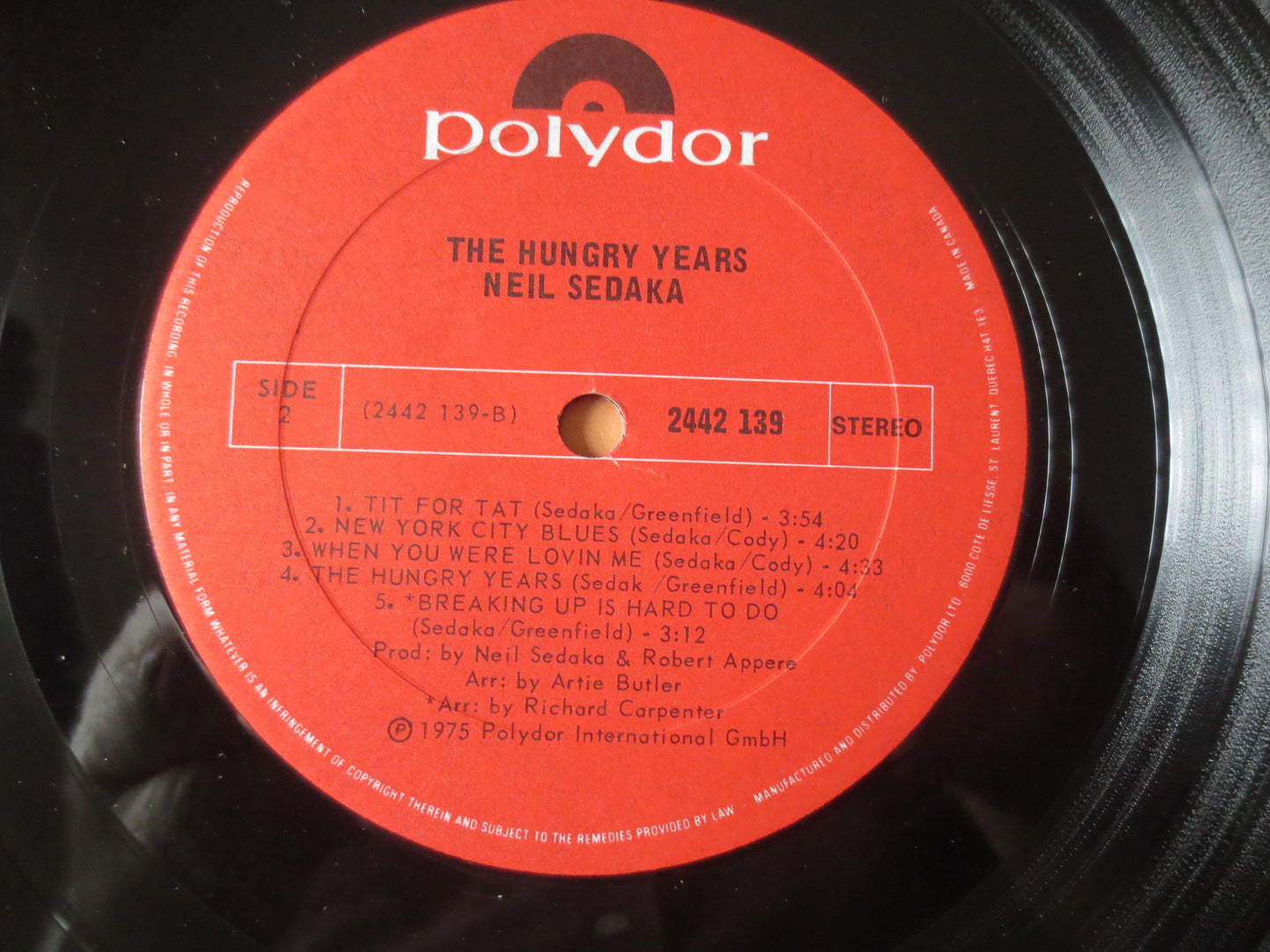 NEIL SEDAKA, The Hungry Years, Neil Sedaka Record, Neil Sedaka Album, Neil Sedaka Lp, Vinyl Record, Vinyl Lps, 1975 Records