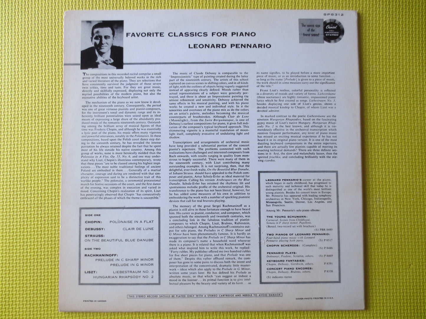 LEONARD PENNARIO, Plays FAVORITES, Classical Records, Classical lps, Piano Records, Jazz Albums, Vinyl Lps, 1959 Records