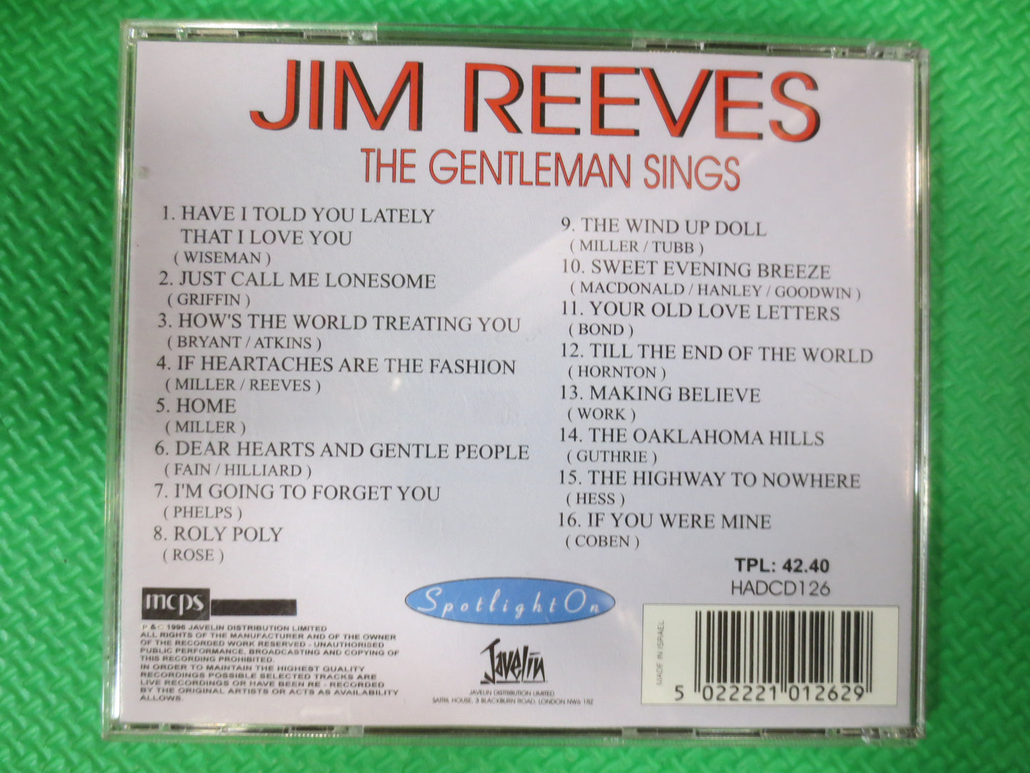 JIM REEVES, The GENTLEMAN Sings, Jim Reeves Cd, Jim Reeves Lp, Vintage Compact Disc, Country Cd, Music Cd, 1996 Compact Disc