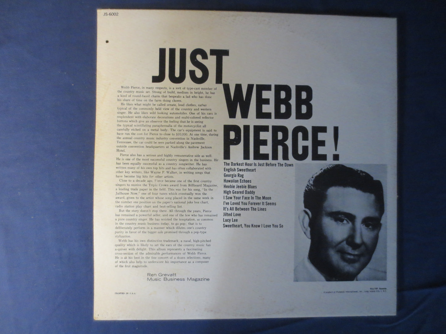 WEBB PIERCE, JUST Webb Pierce, Country Records, Webb Pierce Records, Webb Pierce Albums, Webb Pierce Vinyl, 1965 Records