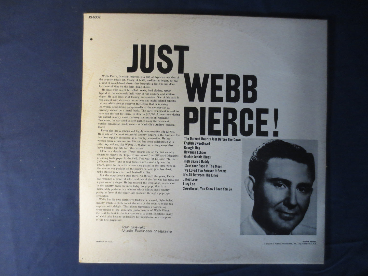 WEBB PIERCE, JUST Webb Pierce, Country Records, Webb Pierce Records, Webb Pierce Albums, Webb Pierce Vinyl, 1965 Records