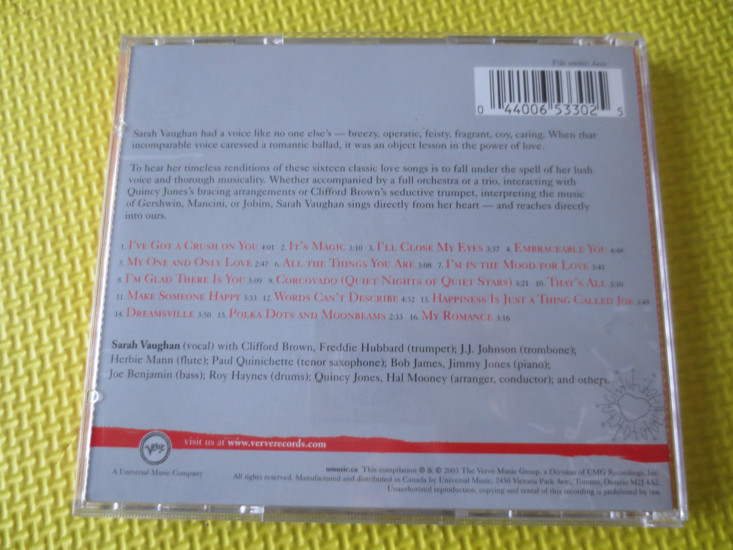 SARAH VAUGHAN, Sarah For LOVERS, Sarah Vaughan Cd, Sarah Vaughan Album, Jazz Compact Disc, Classic Jazz Cd, 2003 Compact Discs