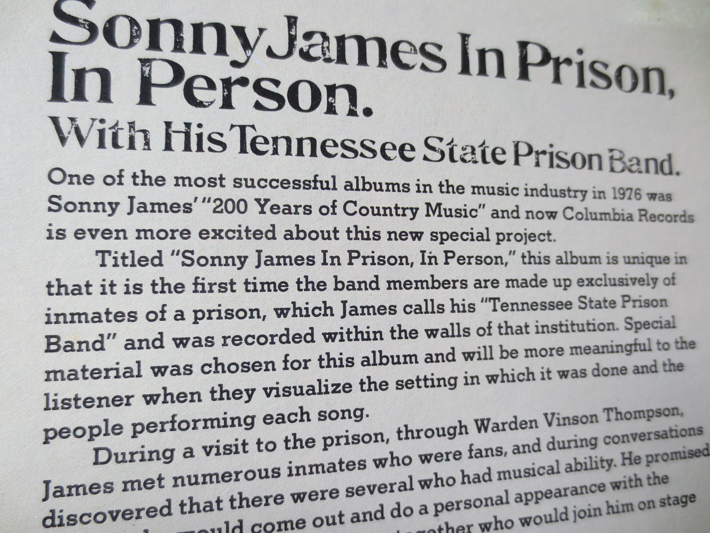 SONNY JAMES, In PRISON, In Perso, Sonny James Records, Sonny James Albums, Sonny James lps, lps, Vinyl Albums, 1977 Records