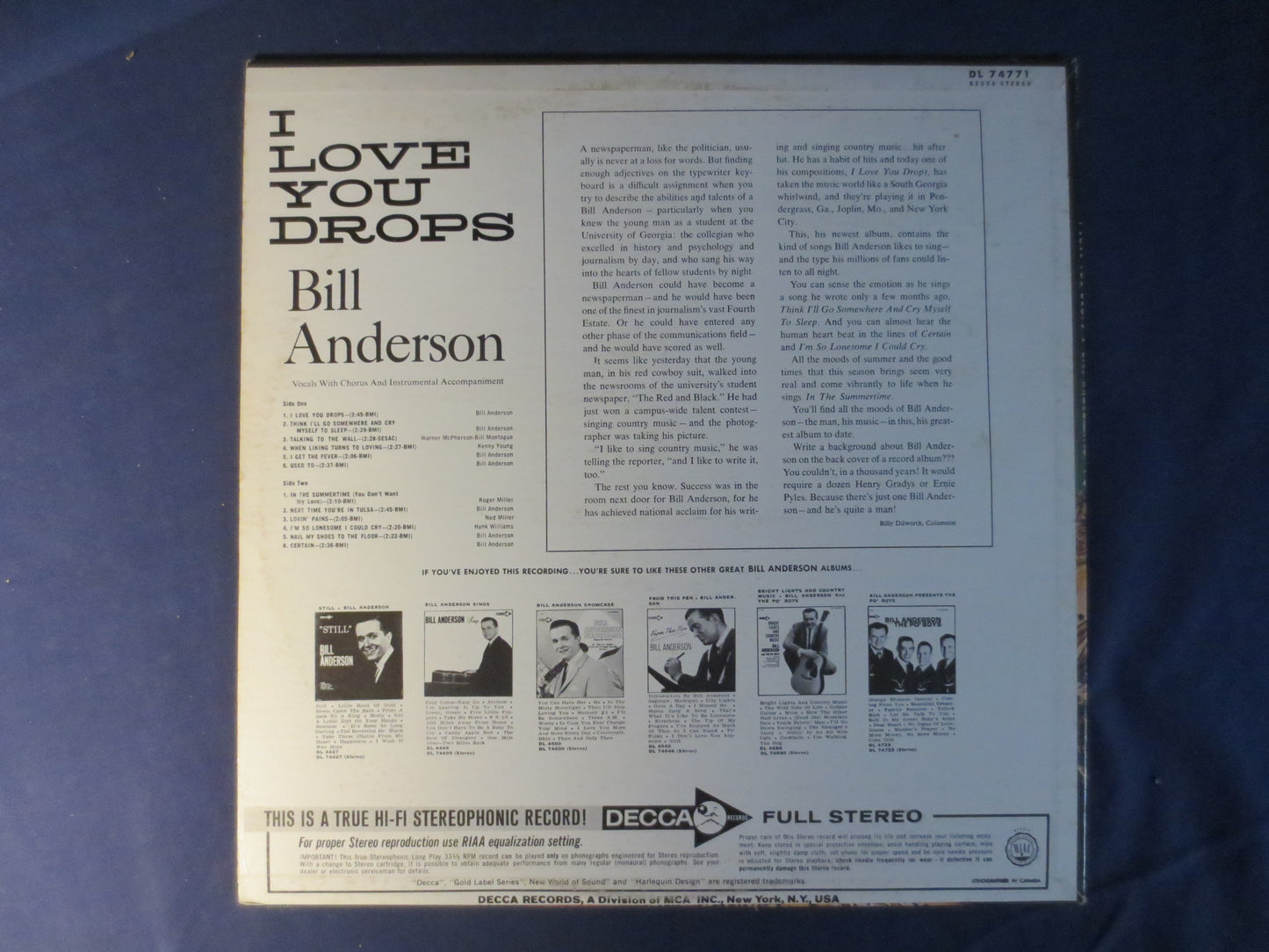 BILL ANDERSON Vinyl, I Love You Drops, Bill Anderson Album, Bill Anderson Record, Vintage Vinyl, Vinyl Album, 1966 Records