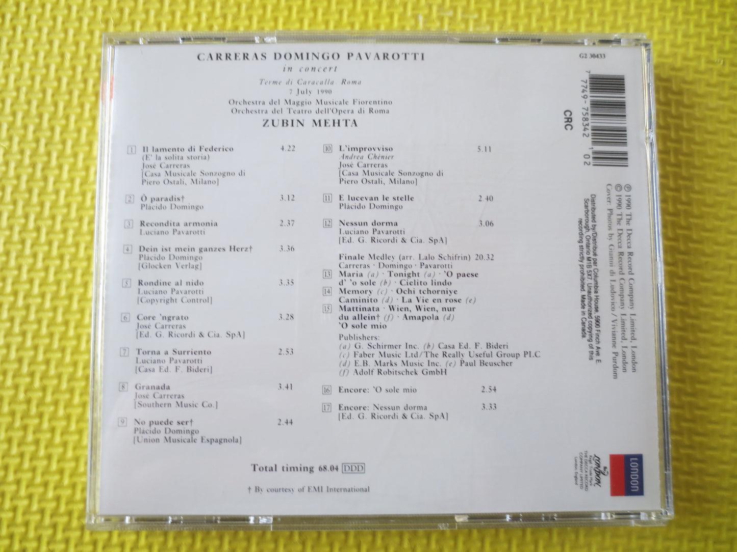 PAVAROTTI Cd, Placido DOMINGO Cd, Jose CARRERAS Cd, Luciano Pavarotti Cd, Opera Cds, The Three Tenors cd, 1990 Compact Disc