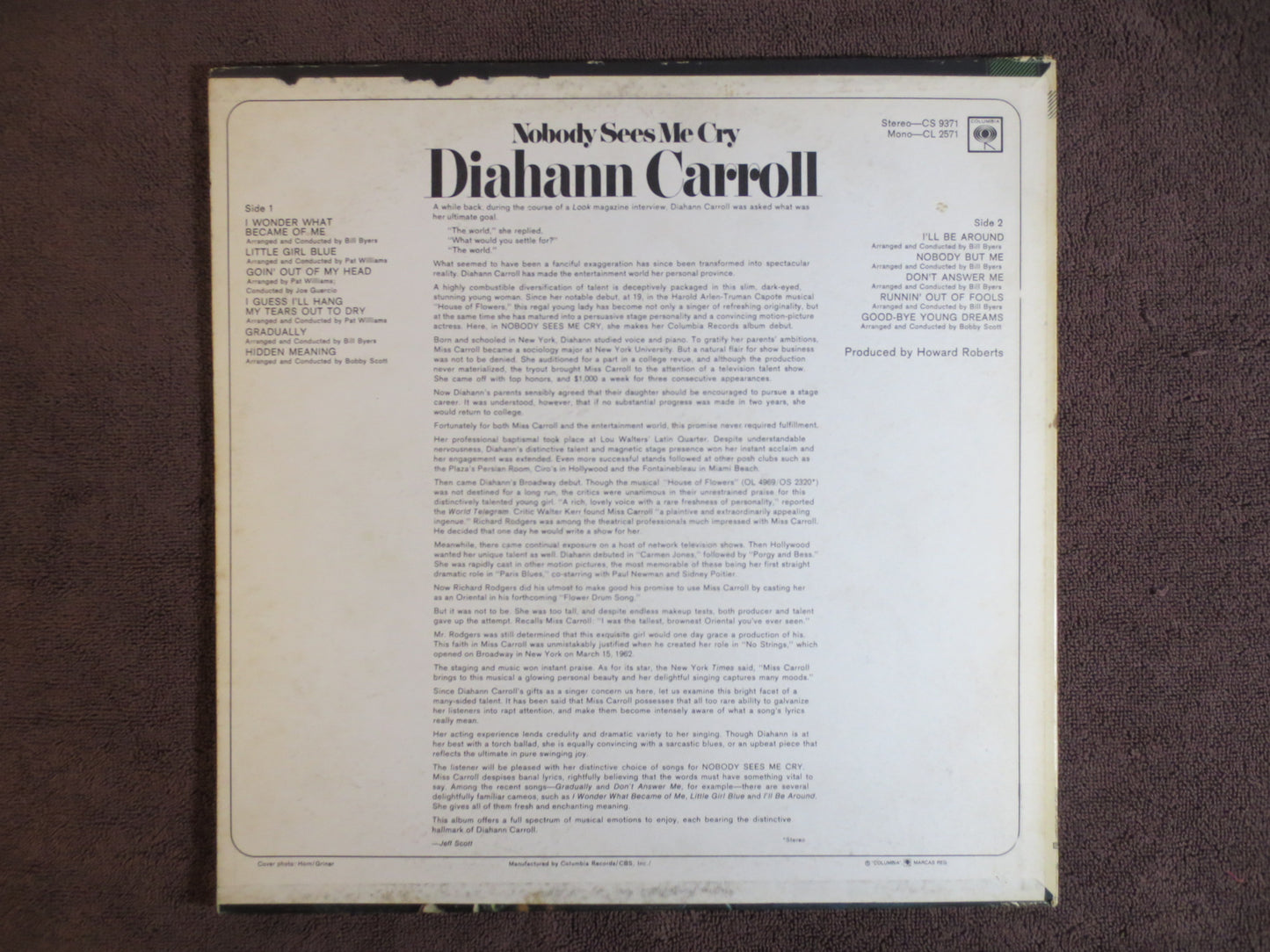 DIAHANN CARROLL Lp, Nobody See's Me Cry, JAZZ Album, Jazz Vinyl, Jazz Lp, Vintage Vinyl, Records, Vinyl Album, 1966 Records