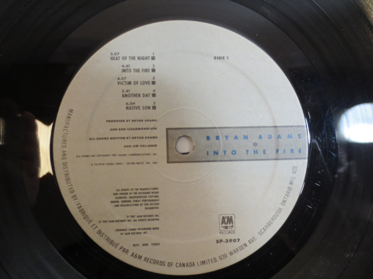 BRYAN ADAMS, Into the FIRE, Bryan Adams Album, Bryan Adams Vinyl, Bryan Adams Lp, Pop Record, Pop Lp, 1987 Records