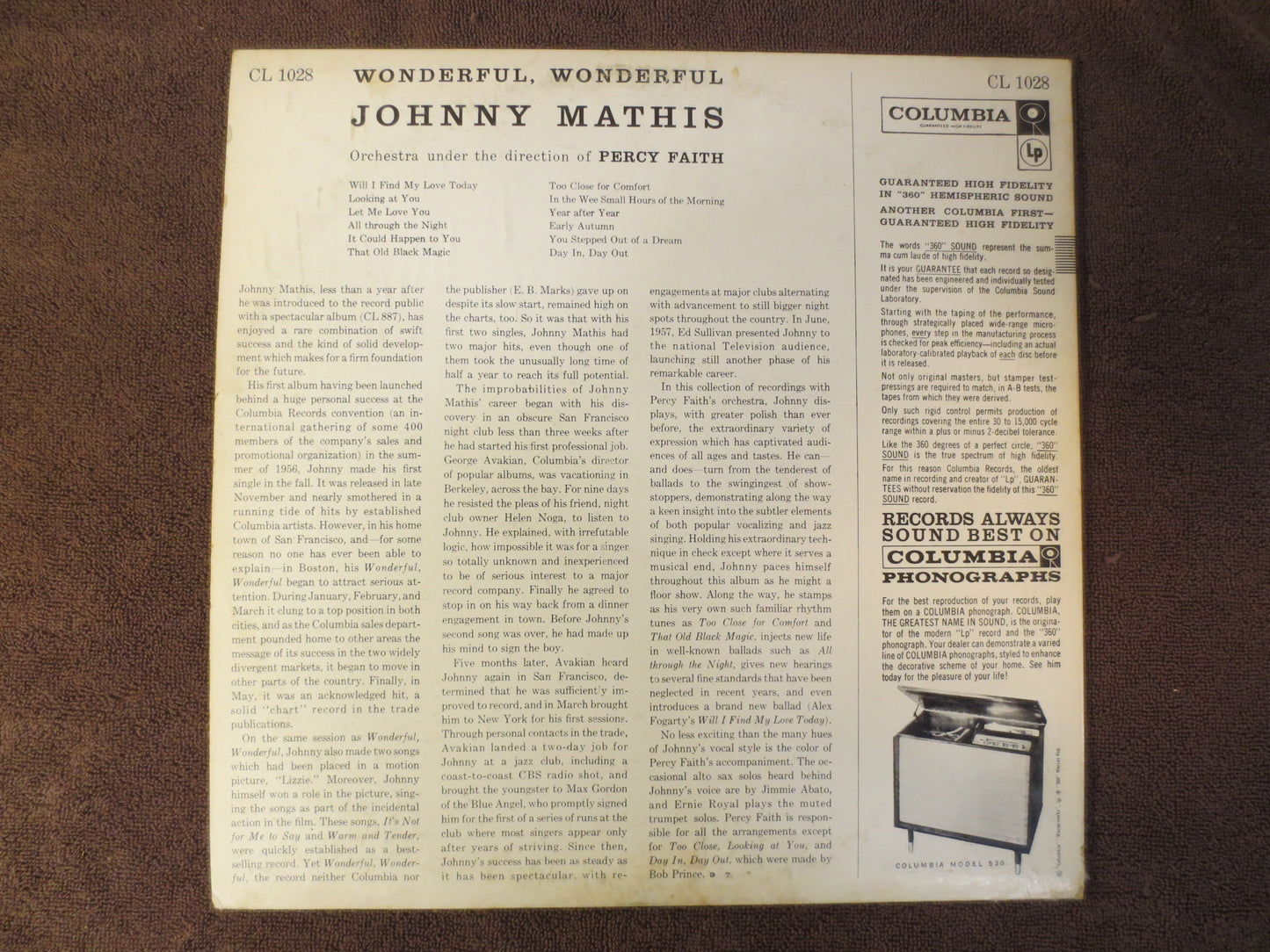 JOHNNY MATHIS, WONDERFUL, Johnny Mathis Album, Johnny Mathis Record, Johnny Mathis Lp, Vintage Vinyl, Vinyl Lp, 1957 Record