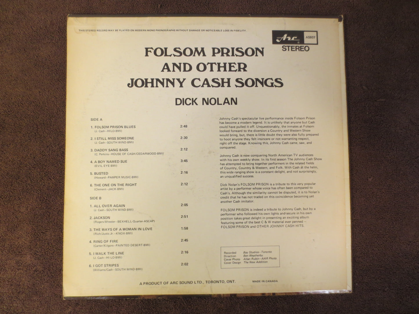 DICK NOLAN Record, Folsom Prison Album, Johnny Cash Record, Dick Nolan Album, Dick Nolan Vinyl, Vinyl Lp, Lps, 1968 Records