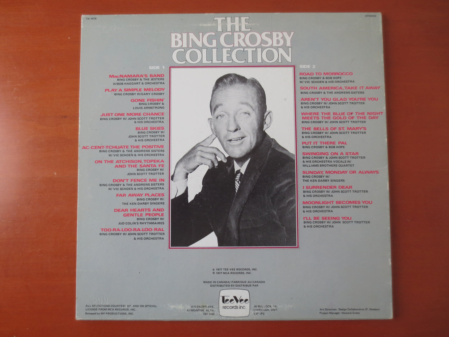 BING CROSBY, COLLECTION, 22 Greatest Hits, Tee Vee Records, Bing Crosby Records, Bing Crosby Album, Vinyl Lps, 1977 Records