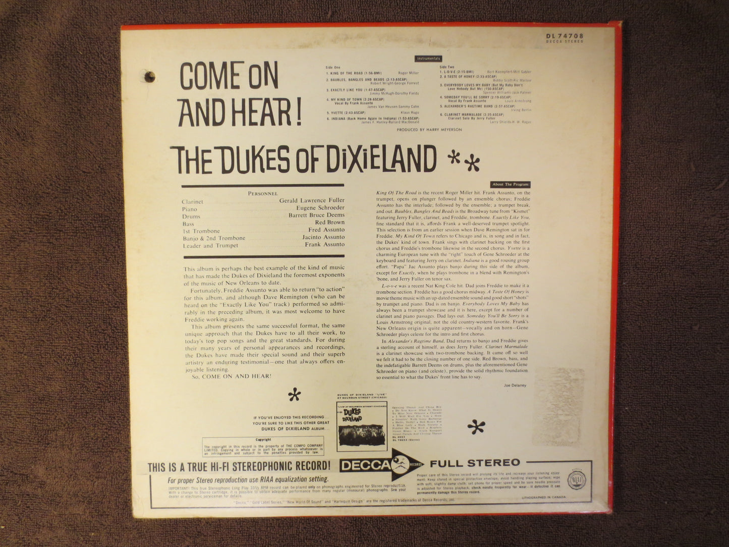 DUKES of DIXIELAND, Come On and HEAR, Dixieland Record, Dixieland Album, Dixieland Lp, Ragtime Record, Lps, 1965 Records