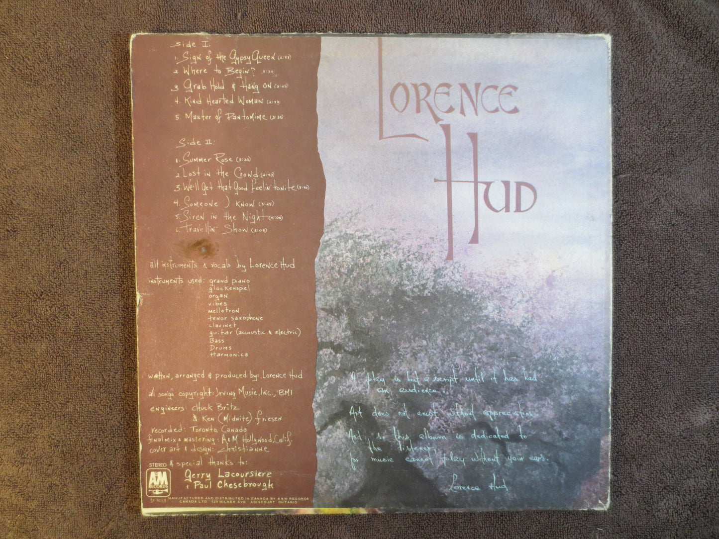 LORENCE HUD Record, Sign of the Gypsy QUEEN, Lorence Hud Album, Lorence Hud Vinyl, Lorence Hud Lp, Rock Lp, 1972 Records