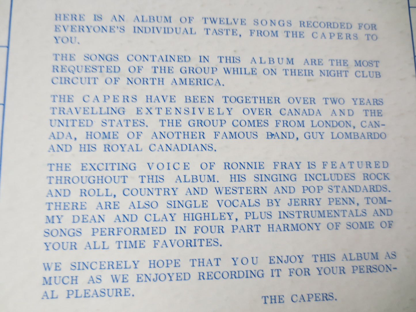 The CAPERS, Introducing... The VERSATILE CAPERS, The Capers Album, Capers lps, Capers Records, Country Albums, Lp, 1965 Records