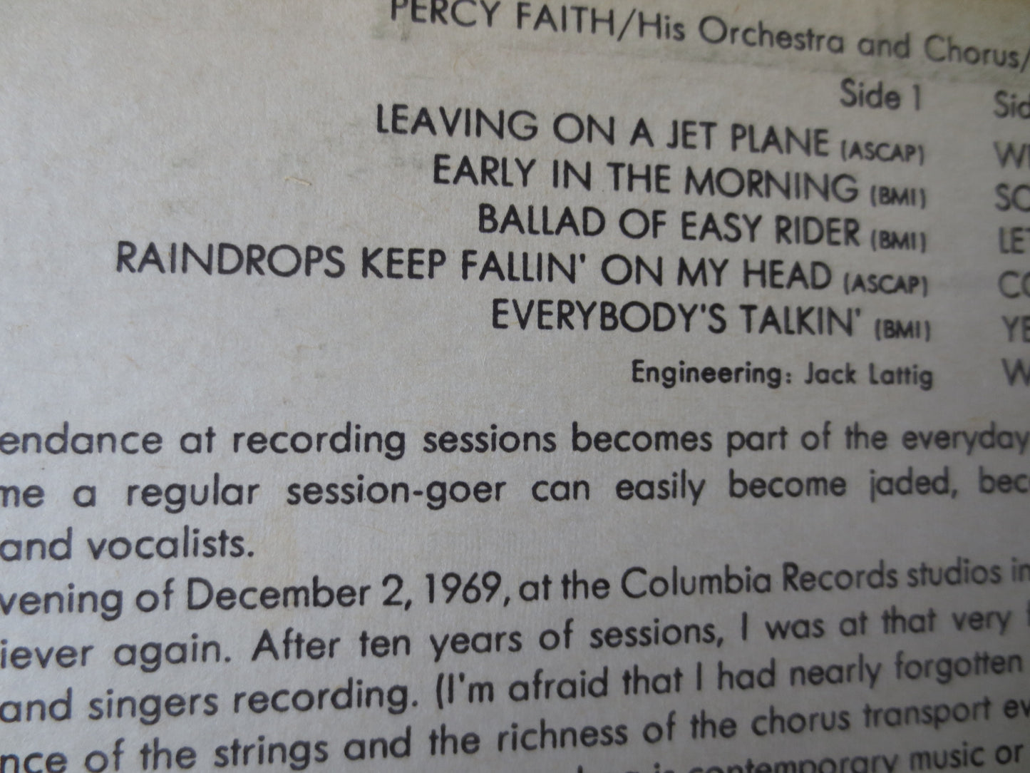 PERCY FAITH, Leaving On A Jet Plane, Columbia Records, Percy Faith Album, Percy Faith Vinyl, Vinyl Lp, 1969 Records