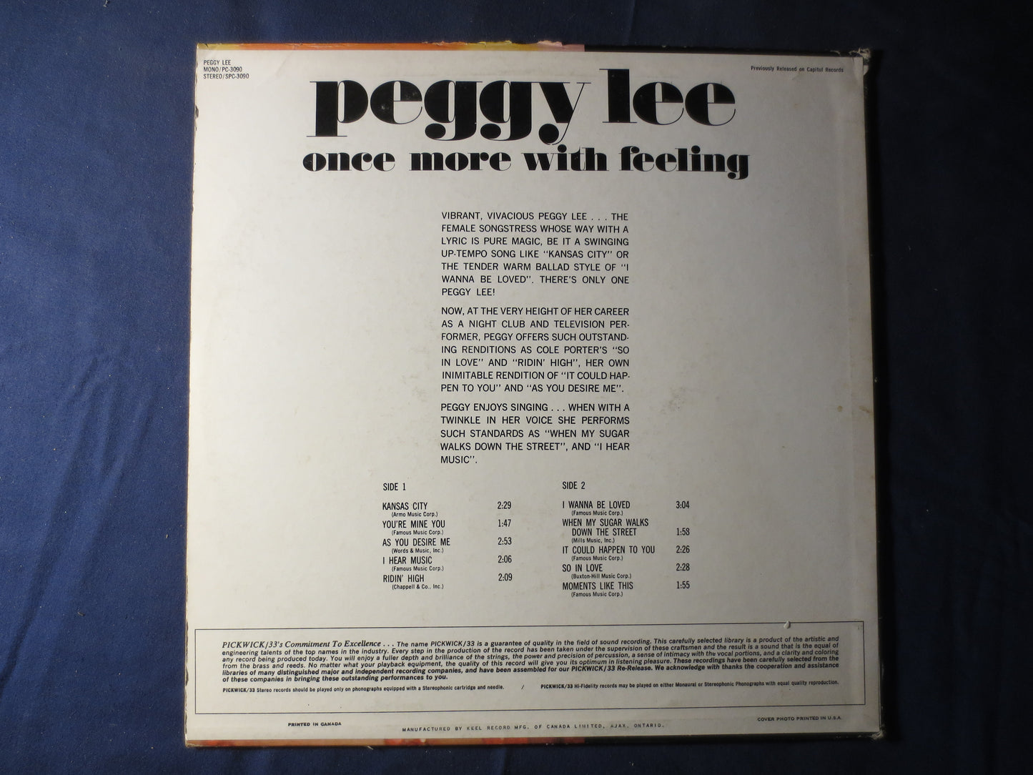 PEGGY LEE, Once More With FEELING, Peggy Lee Record, Peggy Lee Album, Peggy Lee Lp, Jazz Record, Vinyl Record, 1967 Records