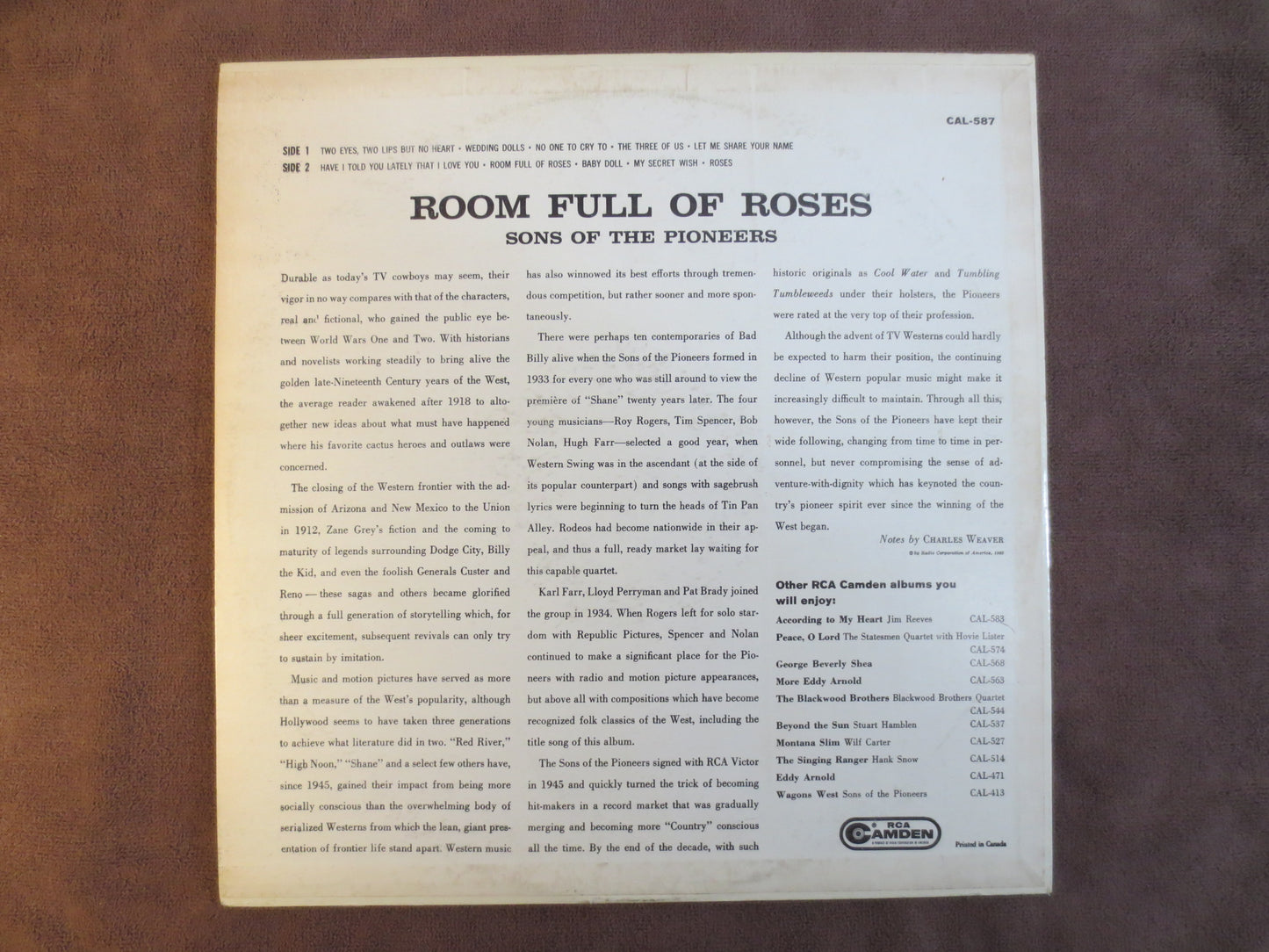 The SONS of the PIONEERS, Room Full of Roses, Cowboy Vinyl, Cowboy Albums, Country Vinyl, Country Albums, Lps, 1960 Records