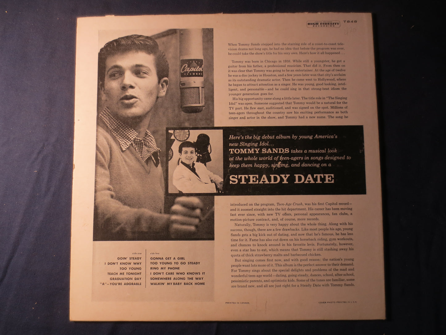 TOMMY SANDS, 1st Records, Steady Date, Tommy Sands Record, Tommy Sands Album, Tommy Sands Lp, Vinyl Records, 1957 Records