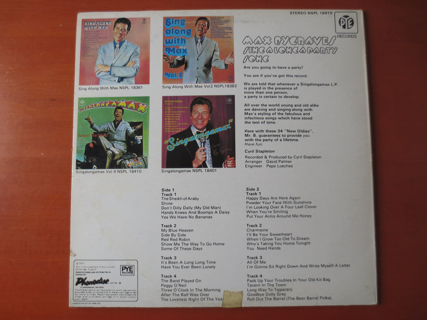 MAX BYGRAVES, SINGALONGAPARTYSONG, Max Bygraves Records, Max Bygraves Albums, Party Records, Honky Tonk Album, 1973 Record