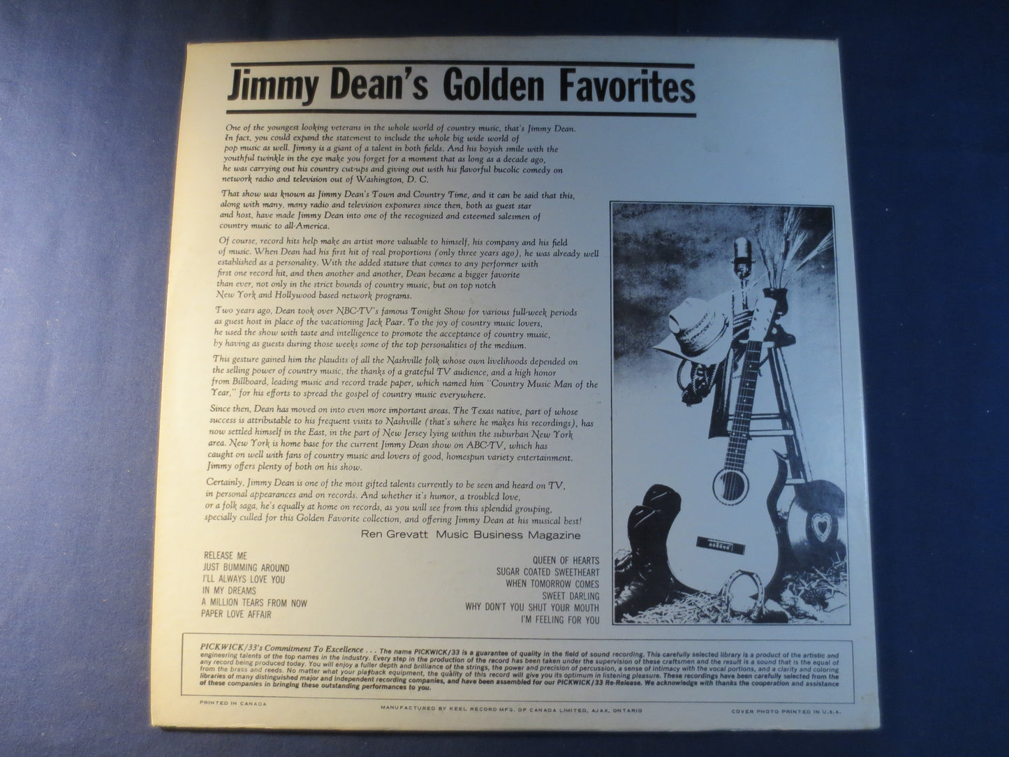 JIMMY DEAN, GOLDEN Favorites, Country Record, Vintage Vinyl, Record Vinyl, Records, Vinyl Record, Vinyl Album, 1964 Records