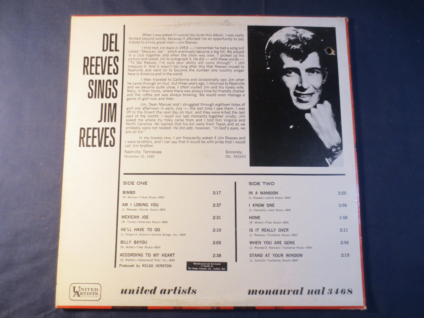 DEL REEVES, Sings JIM Reeves, Country Records, Del Reeves Record, Del Reeves Album, Del Reeves Lp, Country Lp, 1965 Records