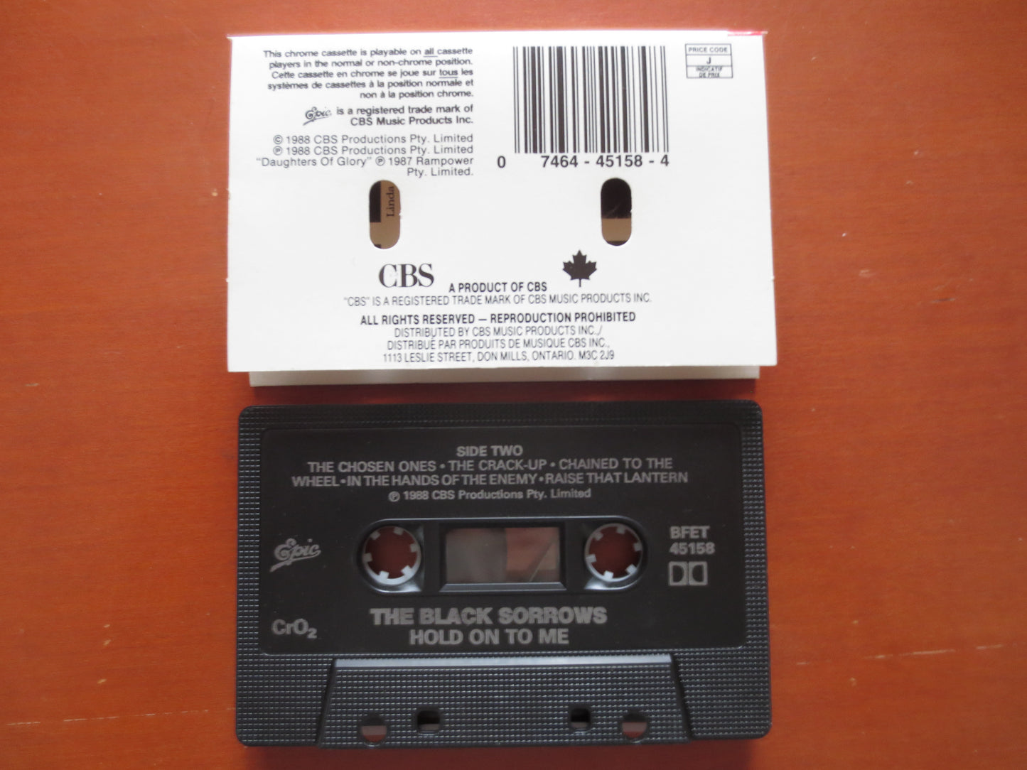 The BLACK SORROWS Tape, HOLD On To Me, The Black Sorrows, Tape Cassette, Rock Cassette, Rock Song, Rock Tape, 1988 Cassette
