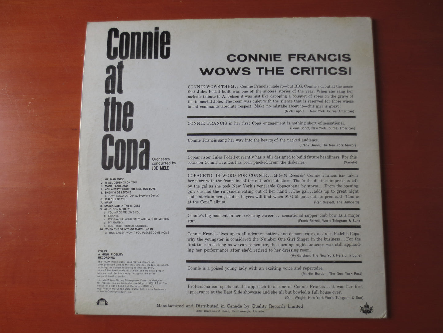 CONNIE FRANCIS, At The COPA, Connie Francis Vinyl, Connie Francis Album, Records, Vinyl Record, Record Vinyl, 1961 Records