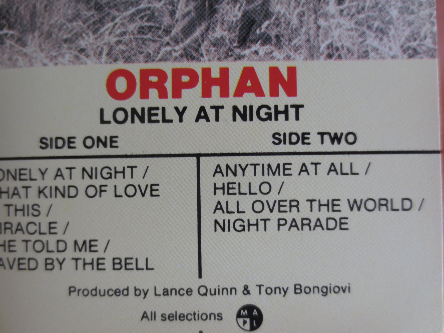 ORPHAN Tape, LONELY at NIGHT, Orphan Album, Orphan Music, Orphan Song, Tape Cassette, Music Tape, Cassette, 1983 Cassette